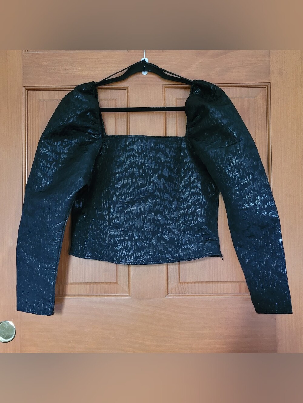 H&M Black Square Neck Jacquard Top Womens M Puff Sleeve Black Whimsigoth